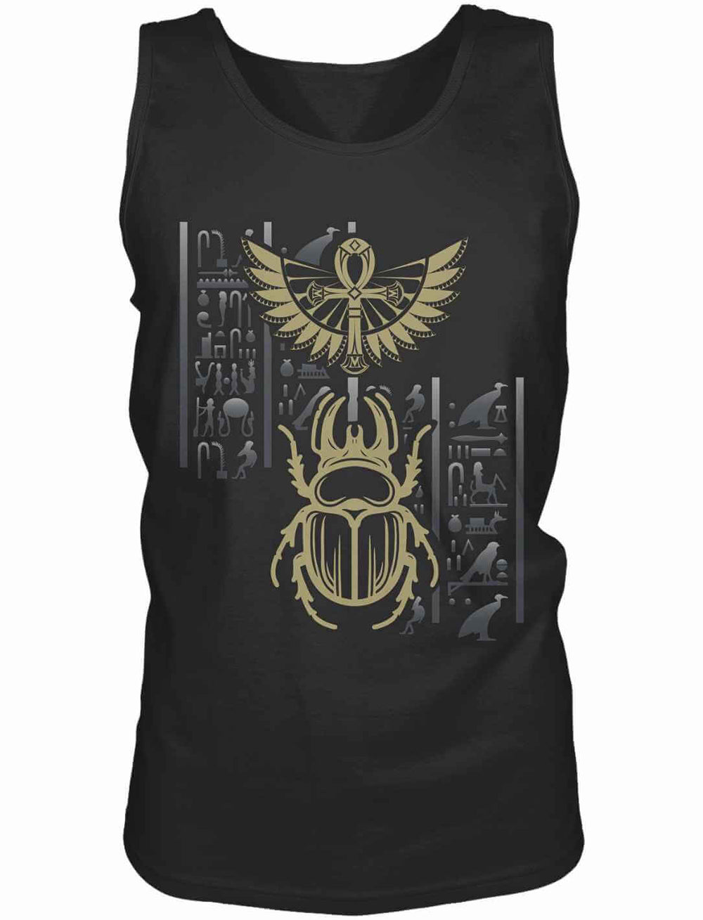Herren Tank Top in Schwarz mit goldfarbenem Skarabäus, ägyptischen Hieroglyphen und Sonnensymbol – Runental