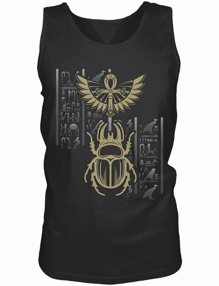 Herren Tank Top in Schwarz mit goldfarbenem Skarabäus, ägyptischen Hieroglyphen und Sonnensymbol – Runental