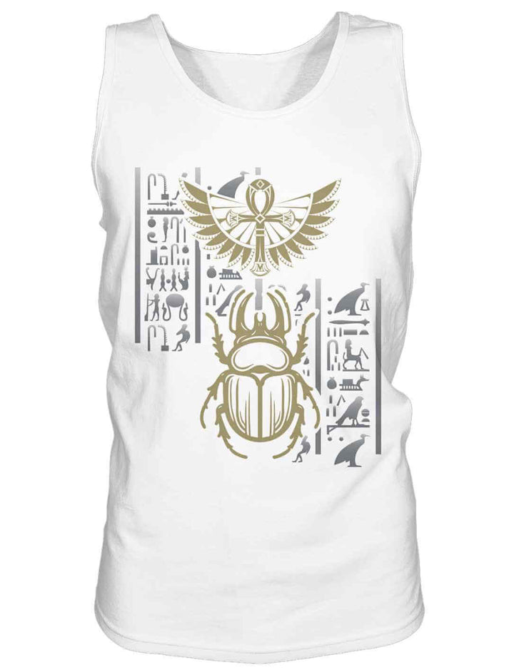 Weißes Herren Tank Top mit ägyptischem Skarabäus und goldenen Symbolen aus der Mythologie – Runental
