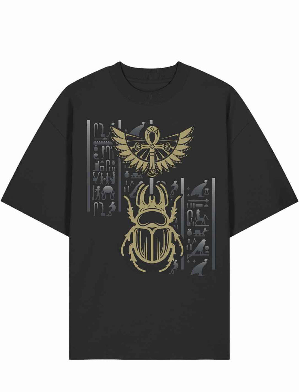 Schwarzes Oversized Unisex T-Shirt mit ägyptischem Skarabäus, Flügeln und Hieroglyphen in Gold-Design auf der Front