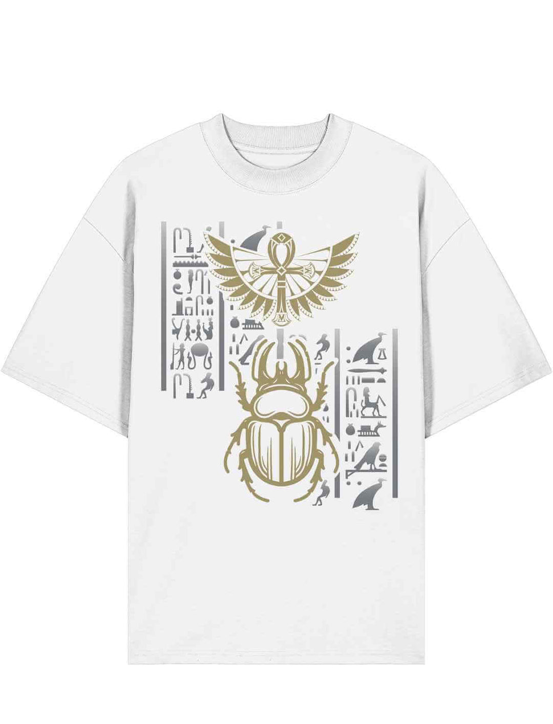 Weißes Oversized Unisex Bio-Shirt mit goldfarbenem Skarabäus-Motiv und ägyptischen Hieroglyphen auf der Vorderseite