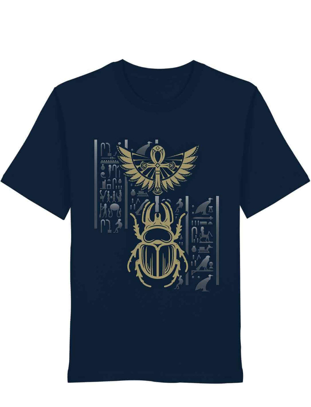 Dunkelblaues T-Shirt mit Skarabäus-Design und goldener Sonne – magisches Motiv auf tiefem Farbton