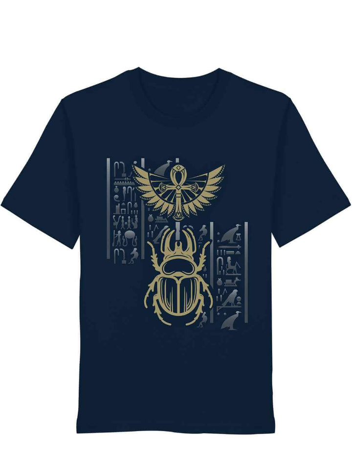 Dunkelblaues T-Shirt mit Skarabäus-Design und goldener Sonne – magisches Motiv auf tiefem Farbton