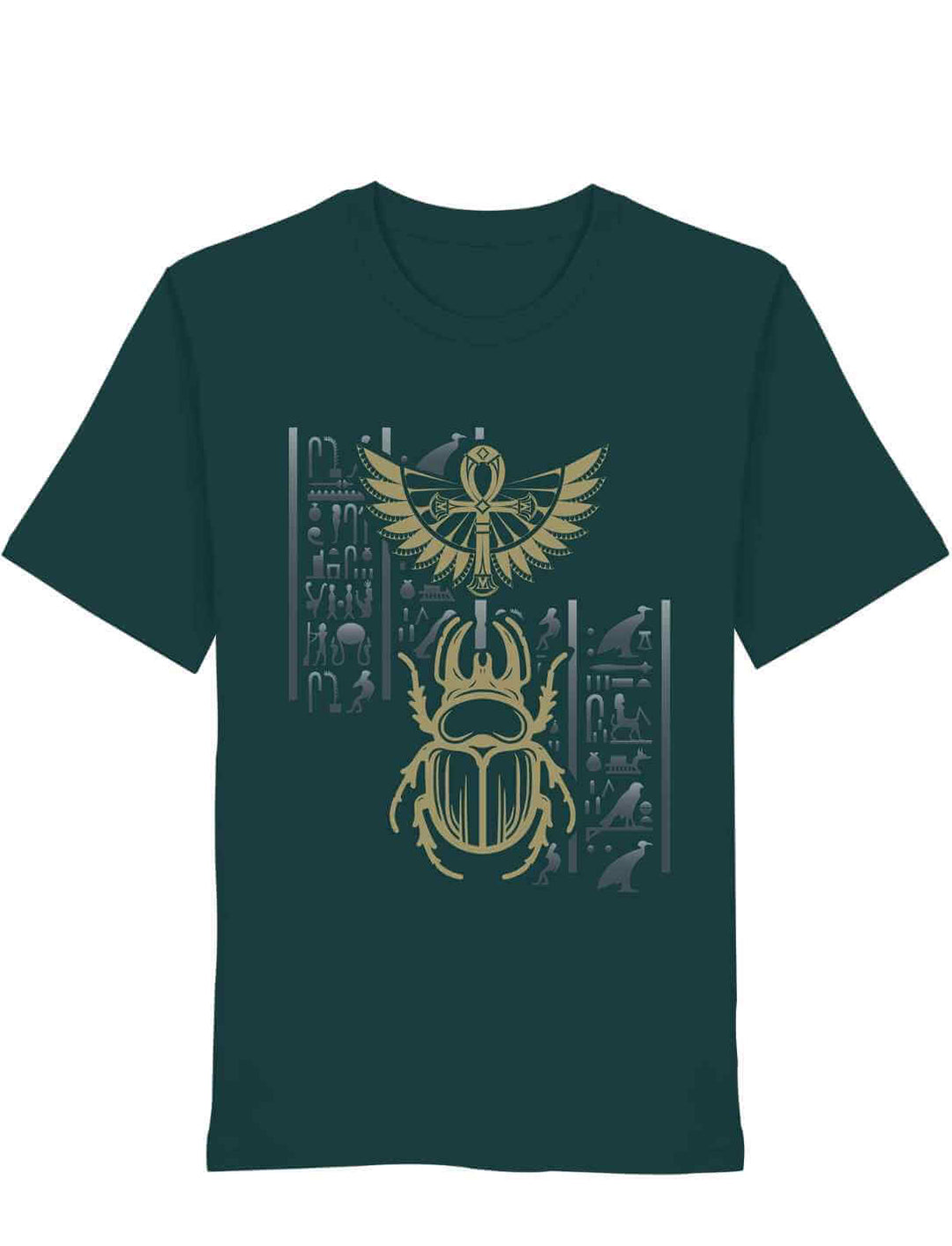 Unisex Shirt mit ägyptischem Skarabäus, Hieroglyphen und Flügeln – spirituell inspiriertes Design, in glazed green