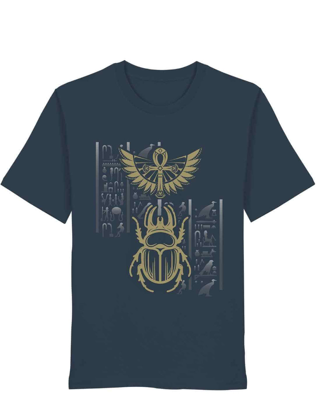 Dunkles Petrol-Shirt mit mystischem Skarabäus, Sonnenscheibe und ägyptischen Hieroglyphen – zentriert auf der Brust, Farbe: India ink grey