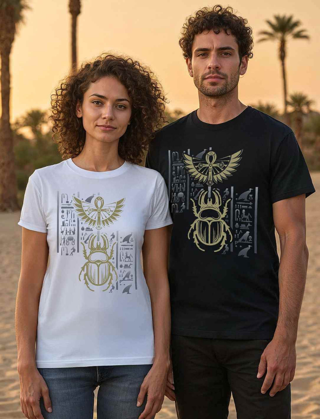 Pärchen mit Skarabäus-Shirt – Frau trägt weißes Shirt, Mann trägt schwarzes Shirt mit ägyptischem Skarabäus, Flügeln und Hieroglyphen