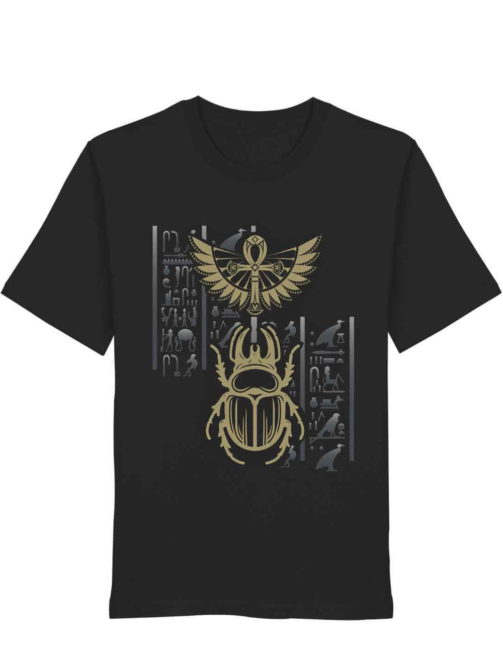 Schwarzes T-Shirt mit goldenem Skarabäus und ägyptischen Symbolen – zentriertes Design mit Flügeln und Sonne