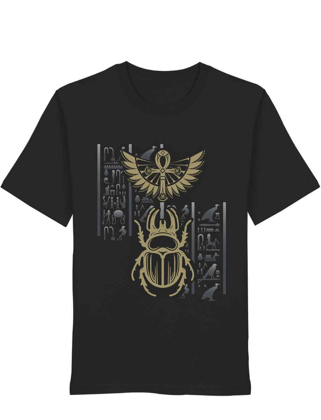 Schwarzes T-Shirt mit goldenem Skarabäus und ägyptischen Symbolen – zentriertes Design mit Flügeln und Sonne