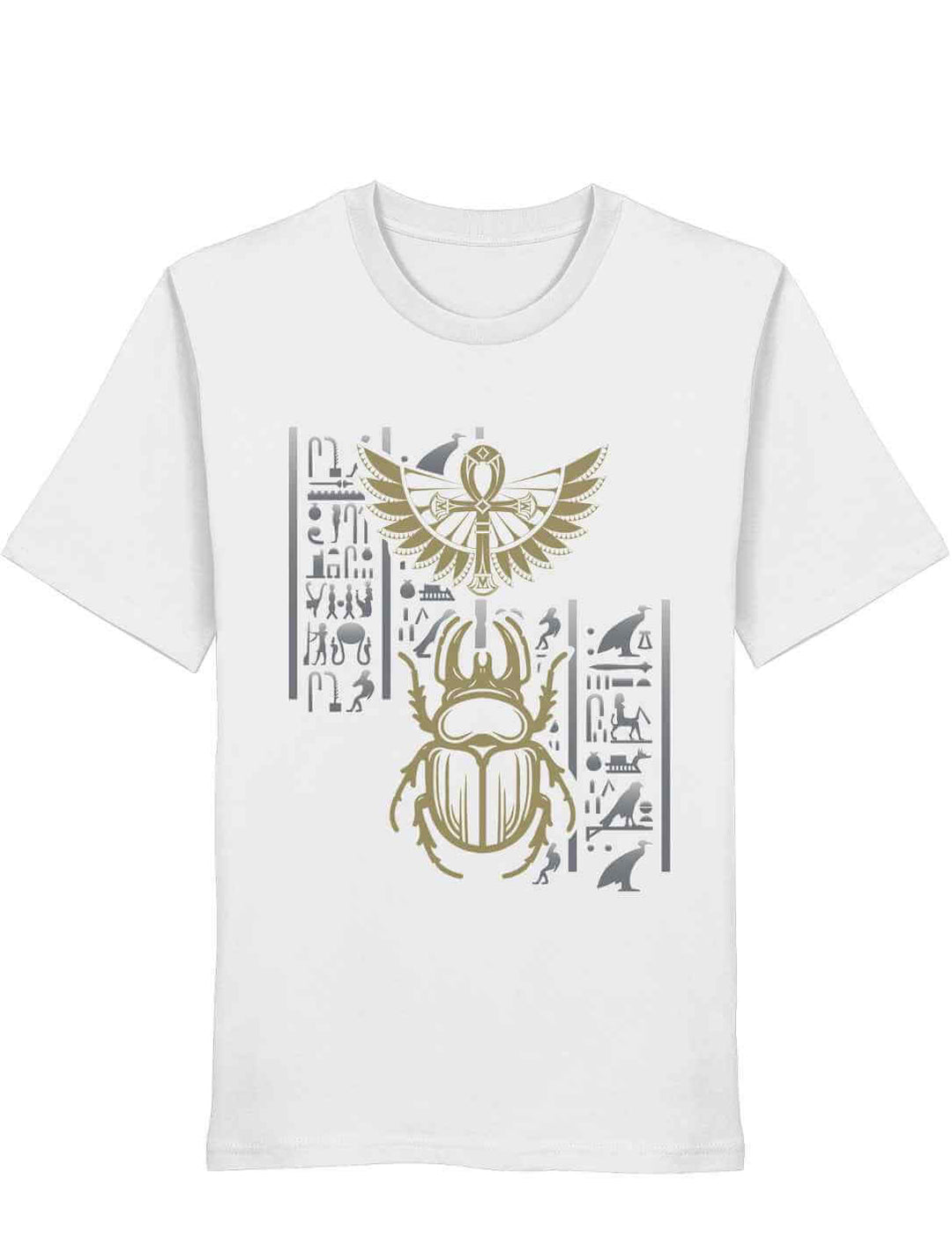 Weißes Unisex T-Shirt mit goldfarbenem Skarabäus und Hieroglyphen – ägyptisches Schutzsymbol in kunstvoller Anordnung