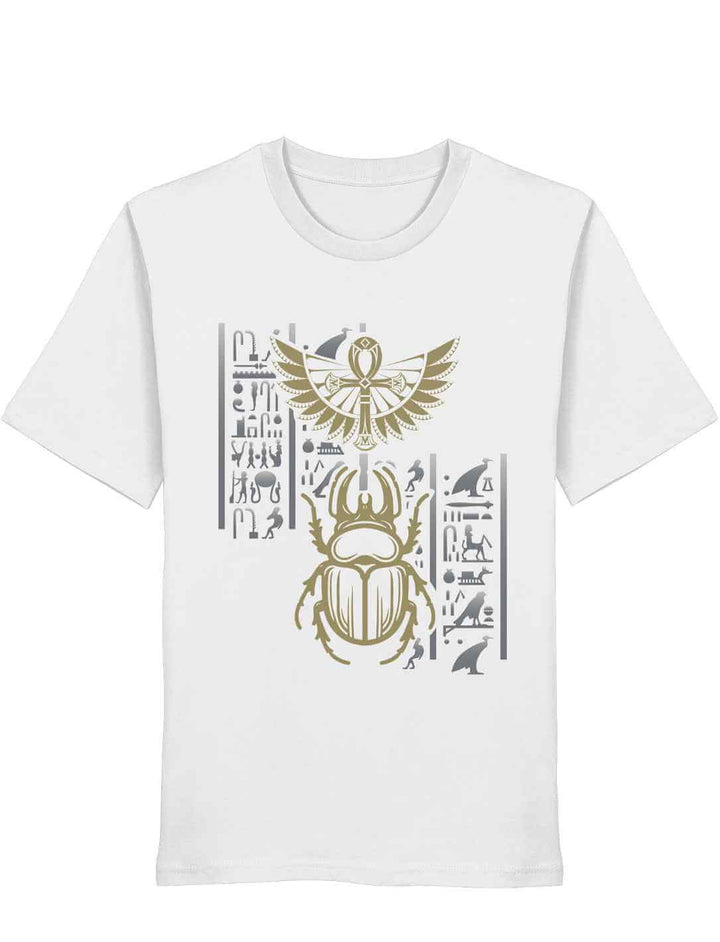 Weißes Unisex T-Shirt mit goldfarbenem Skarabäus und Hieroglyphen – ägyptisches Schutzsymbol in kunstvoller Anordnung