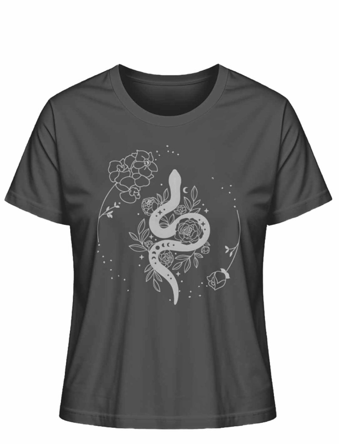 Snake of Wisdom T-Shirt in Schwarz auf weißem Hintergrund, zeigt eine detailreiche Darstellung einer Schlange und floralen Motiven, symbolisch für Wissen und Transformation.