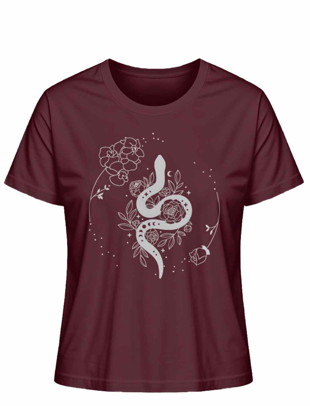 Snake of Wisdom T-Shirt in Burgund auf weißem Hintergrund, betont die Kraft und Leidenschaft der Schlange, umgeben von einem Kreis aus Sternen und Blumen.
