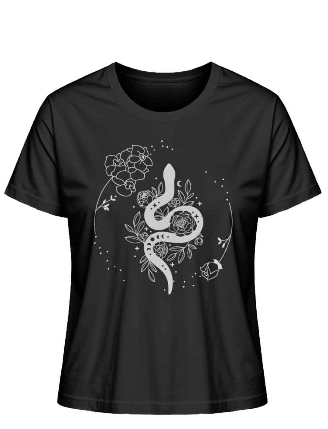 Snake of Wisdom T-Shirt in Schwarz auf weißem Hintergrund, zeigt eine detailreiche Darstellung einer Schlange und floralen Motiven, symbolisch für Wissen und Transformation.