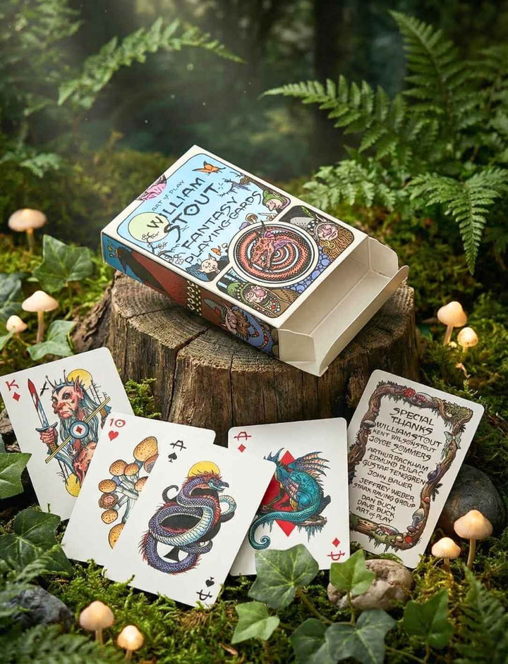Fantasy Spielkarten mit Illustrationen von William Stout auf Baumstumpf im Wald