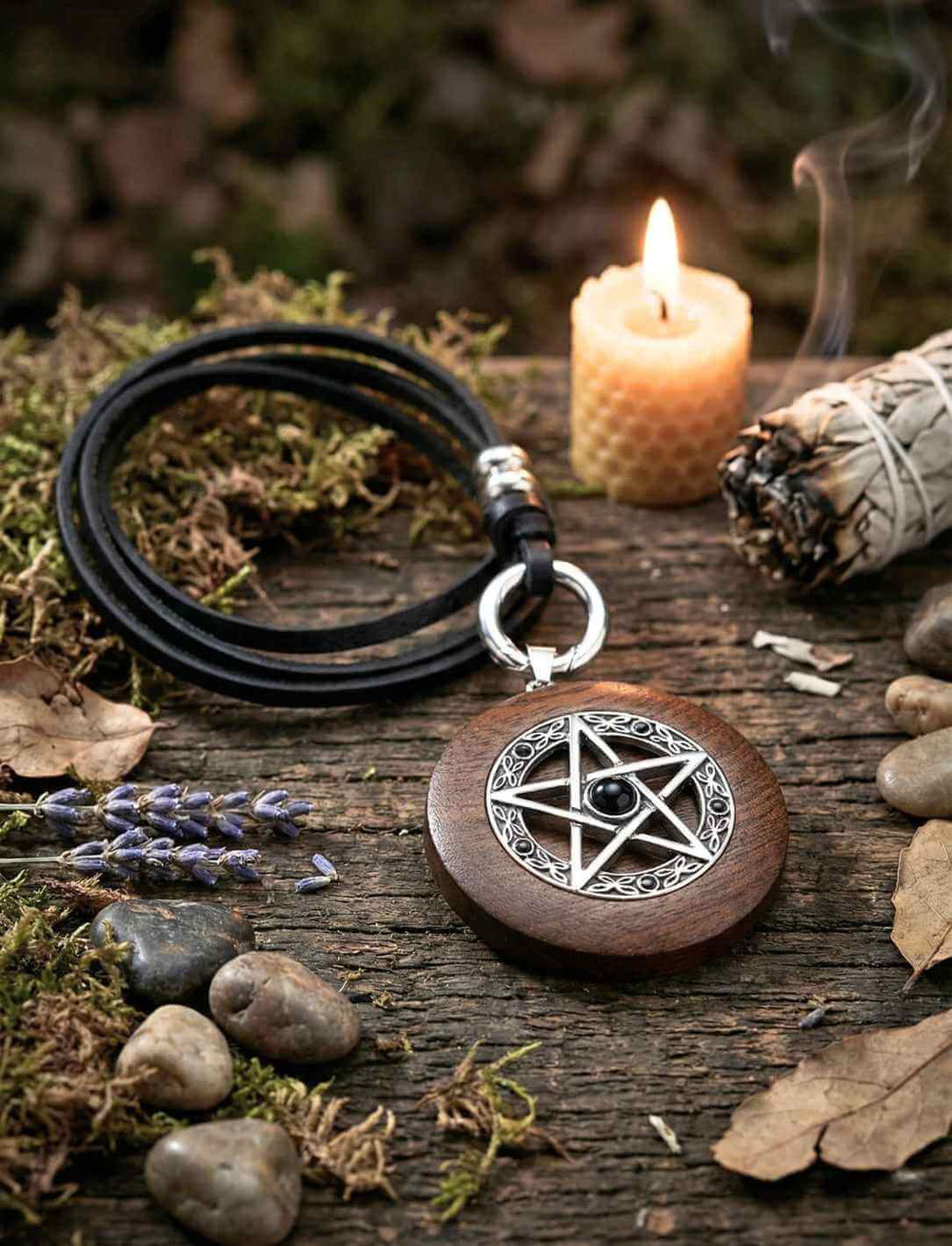 Stern der Harmonie Holzanhänger mit Pentagramm und Onyx, arrangiert mit Kerze, Naturmaterialien und Lederkette Band des Waldläufers.