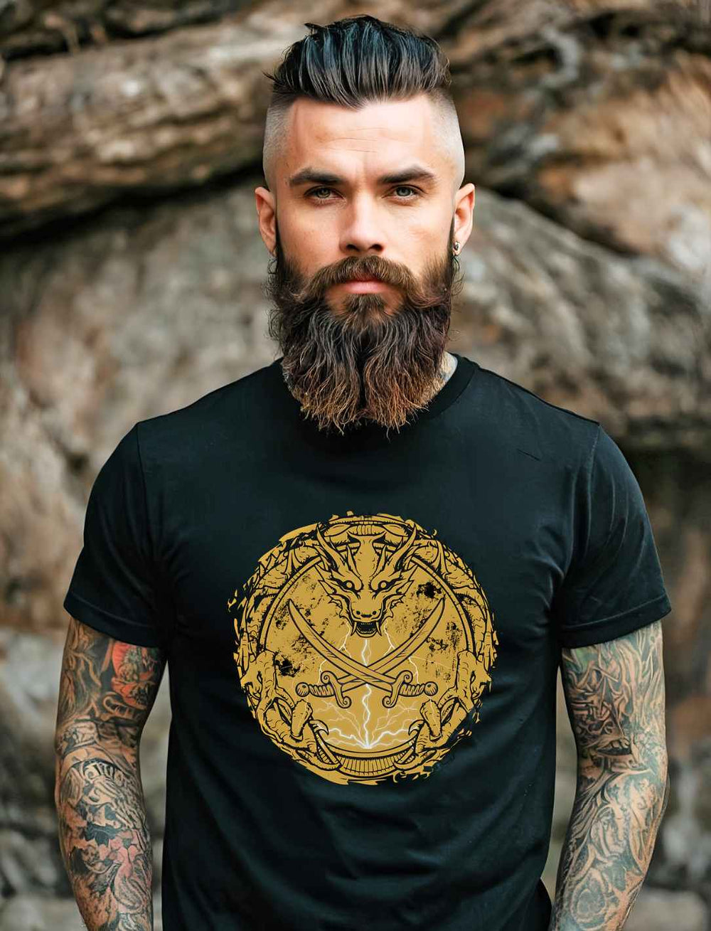 Hipster Model trägt schwarzes Storm of the Dragon T-Shirt – Episches Drachen-Design