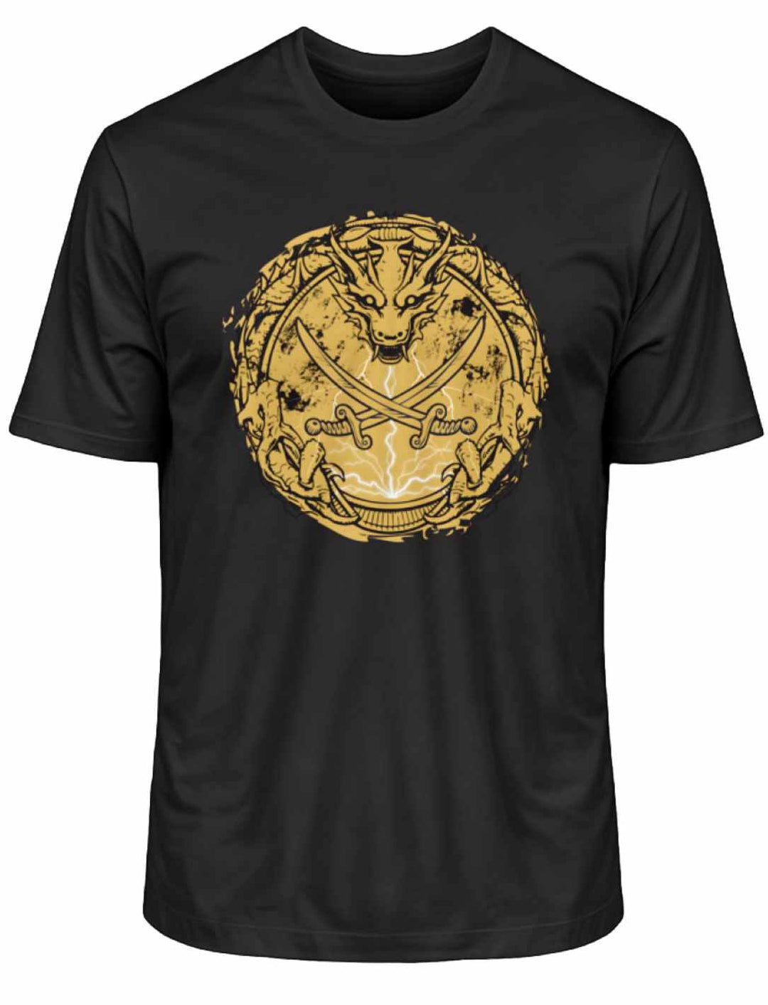 Schwarzes Storm of the Dragon T-Shirt – Drachen, Schwerter und Blitz auf weißem Hintergrund
