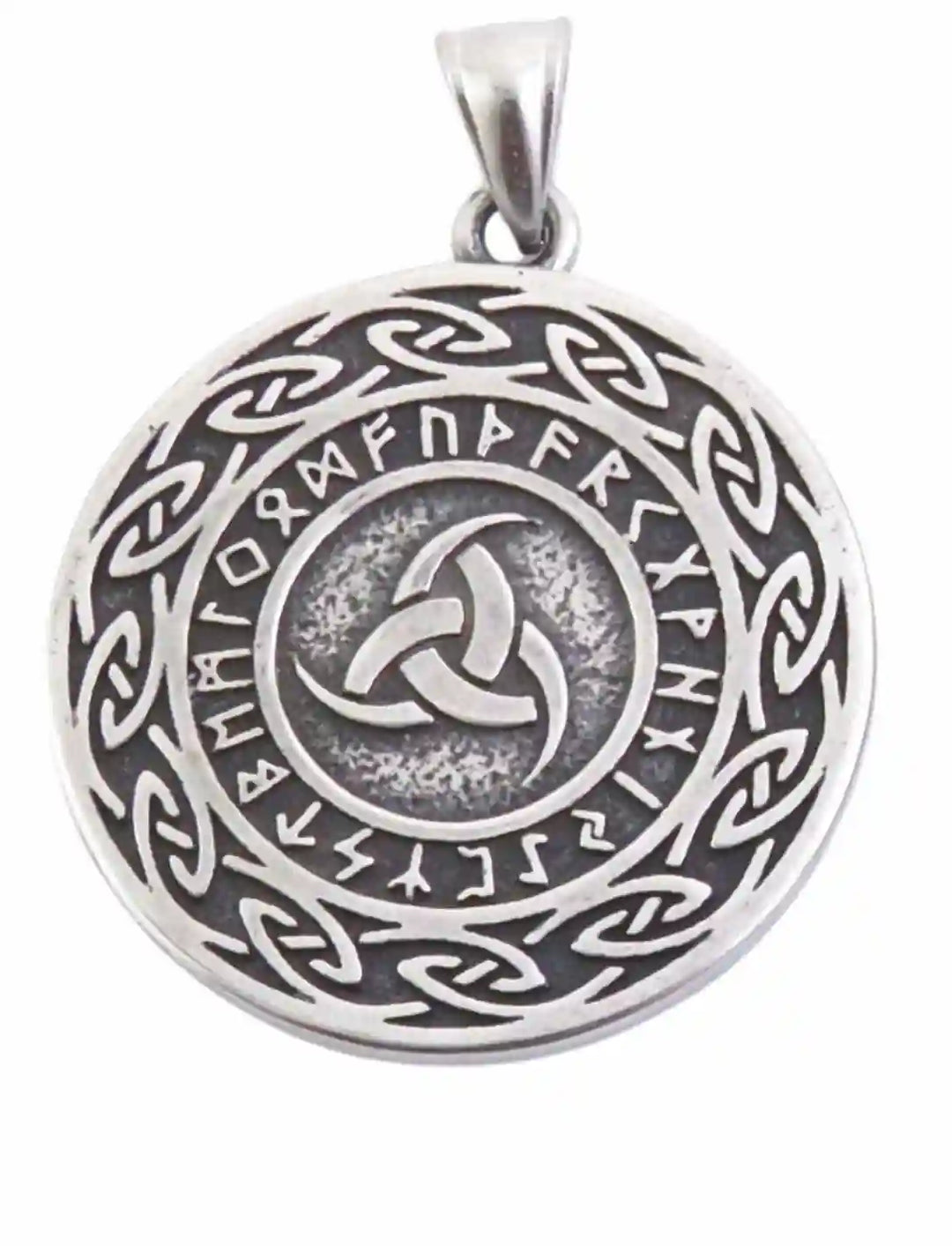 Talisman der Ahnen Edelstahlanhänger – doppelseitig gearbeitet mit keltischen und nordischen Symbolen, ein kraftvoller Talisman der Stärke. Vorderseite mit keltischer Triquetra.