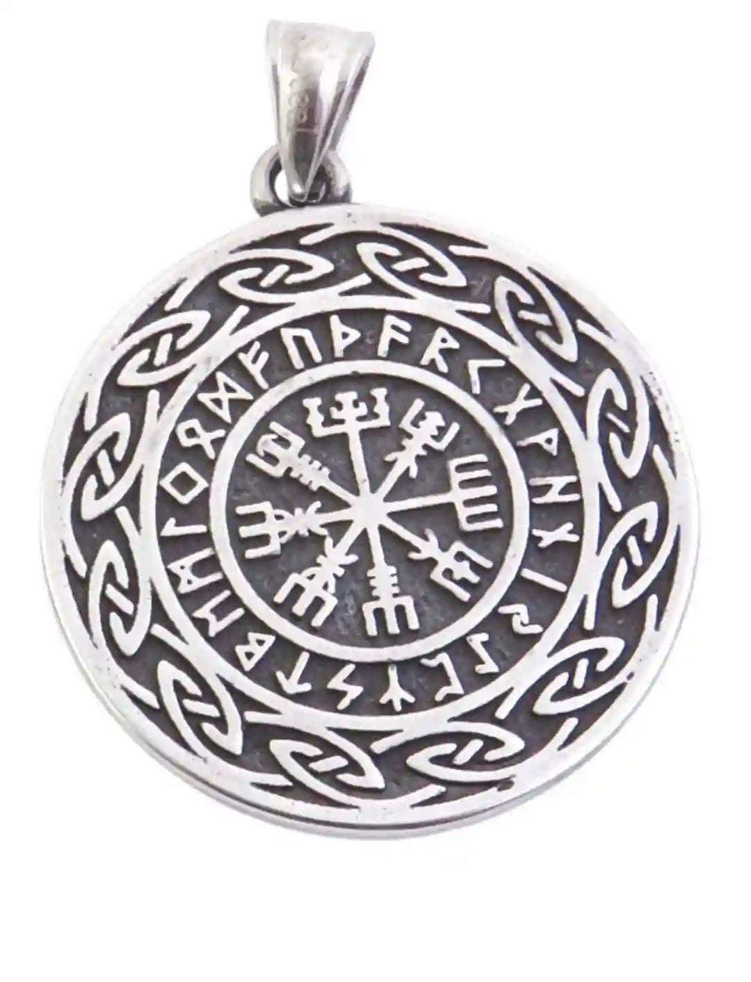 Talisman der Ahnen Edelstahlanhänger – doppelseitig gearbeitet mit keltischen und nordischen Symbolen, ein kraftvoller Talisman der Stärke. Vorderseite mit nordischem Vegvisir.