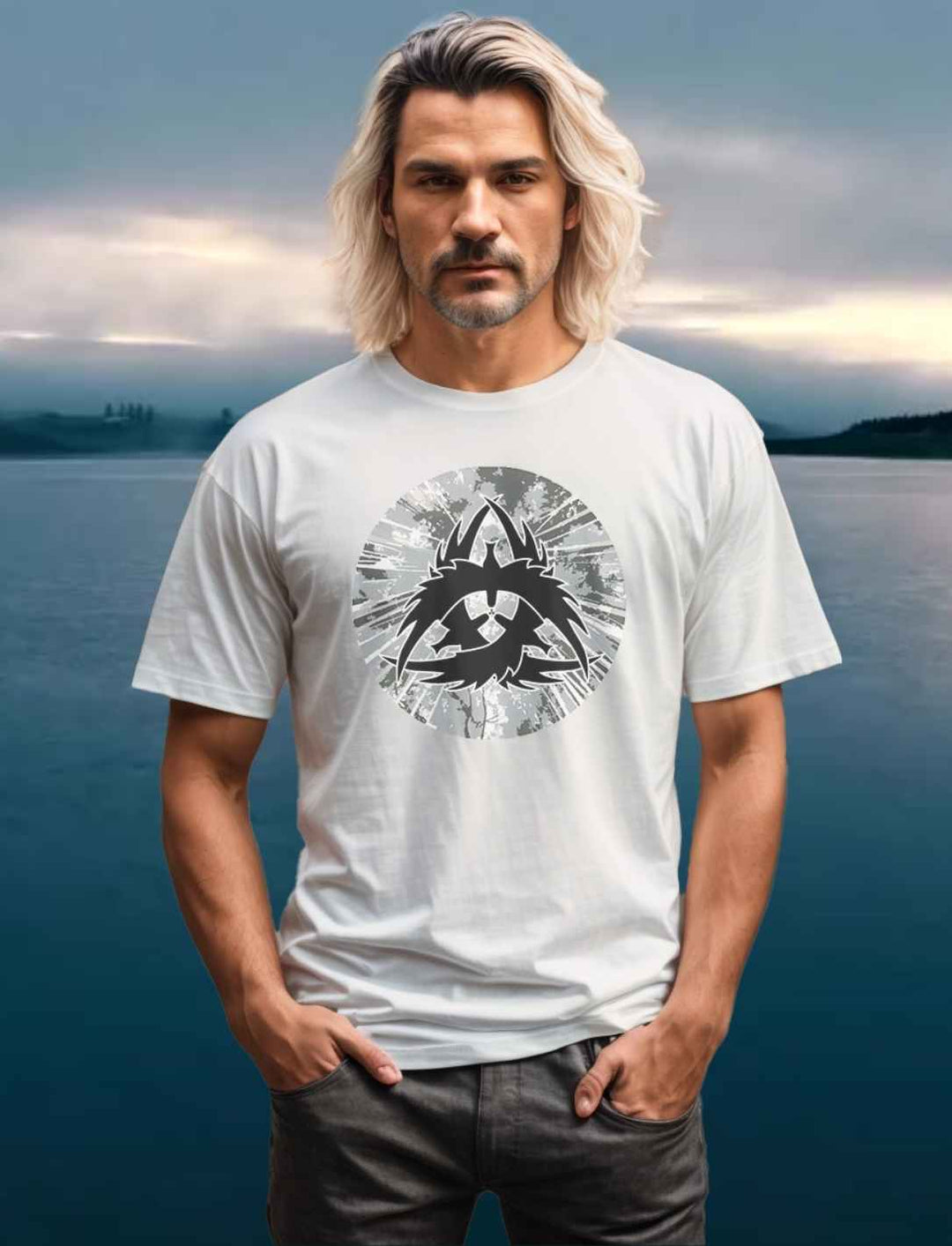 Mann trägt The Raven Clan Unisex organic T-Shirt in Weiss.