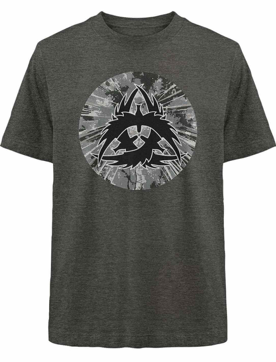 Dunkelgraue meliertes Wikinger-T-Shirt The Raven Clan mit kunstvoll gestaltetem Raben-Motiv, inspiriert von den Legenden der Wikinger.