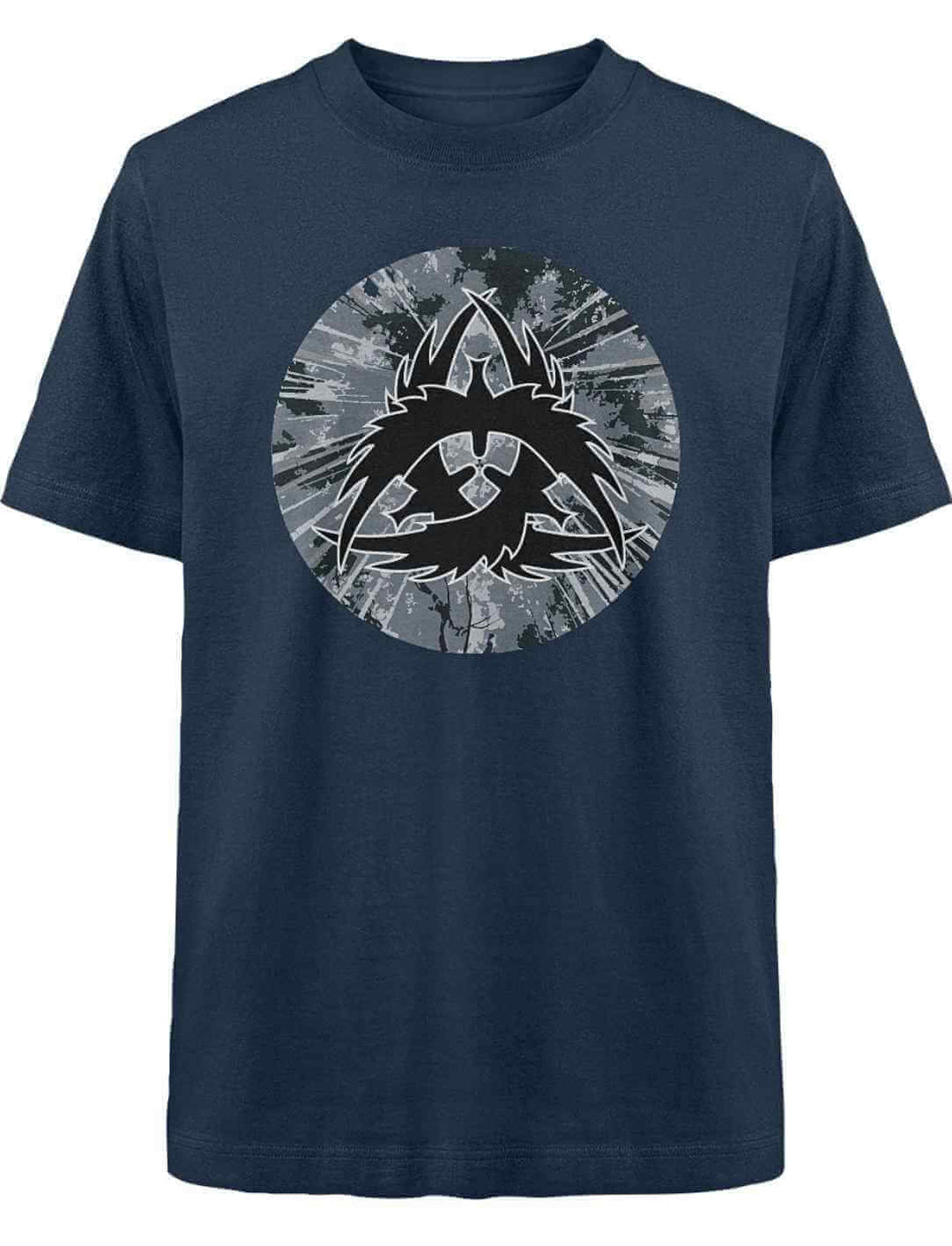 Dunkelblaues Wikinger-T-Shirt The Raven Clan mit markantem Raben-Emblem, das Stärke und Weisheit repräsentiert.