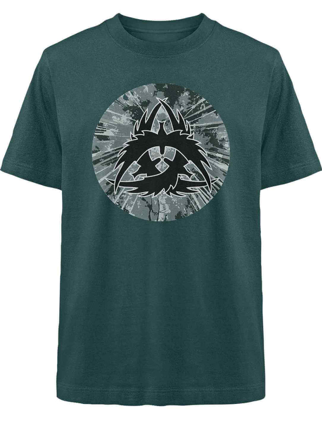 Tiefgrünes Wikinger-T-Shirt The Raven Clan mit stilisiertem Raben-Motiv, perfekt für Fans nordischer Mythologie.