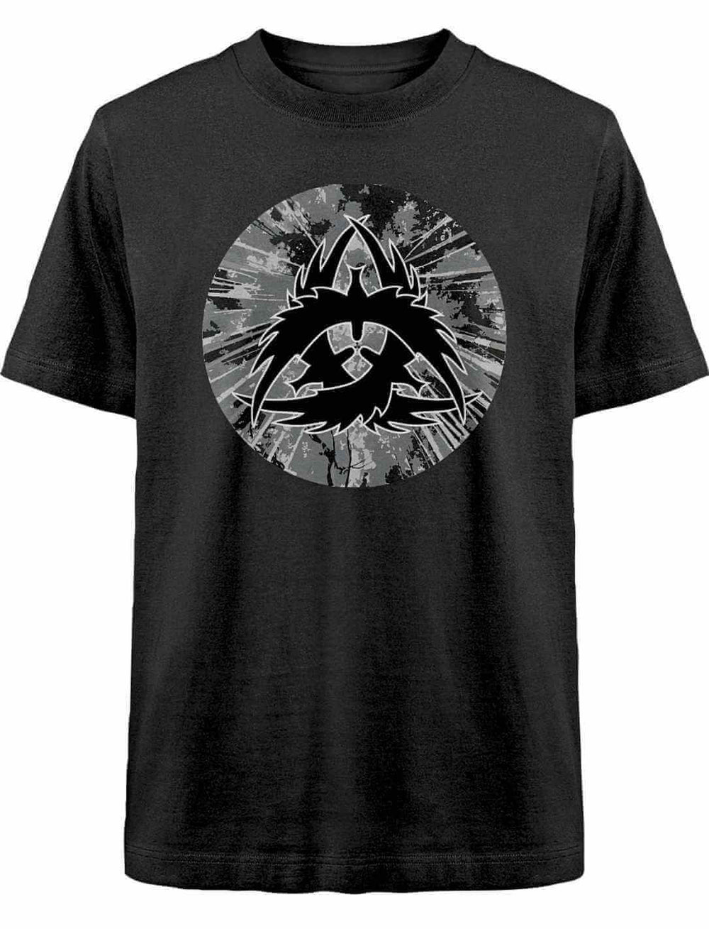 Schwarzes Wikinger-T-Shirt The Raven Clan mit mystischem Raben-Design, inspiriert von nordischer Mythologie, auf weißem Hintergrund.