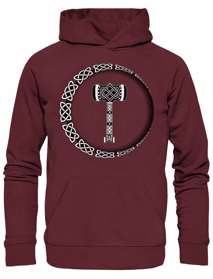 Der „Thors Legacy“ Unisex Organic Hoodie in tiefem Burgunderrot, ausgestellt auf einem weißen Hintergrund.