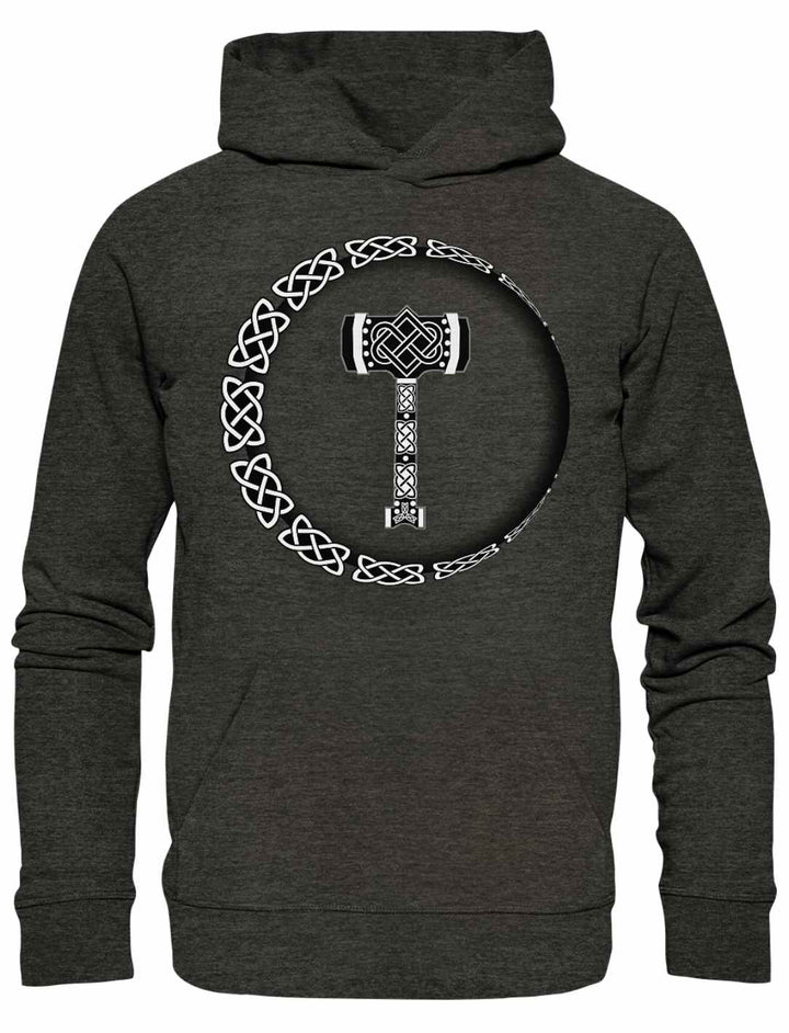 Der „Thors Legacy“ Unisex Organic Hoodie in dunklem Heather Grey, vor einem neutralen weißen Hintergrund.