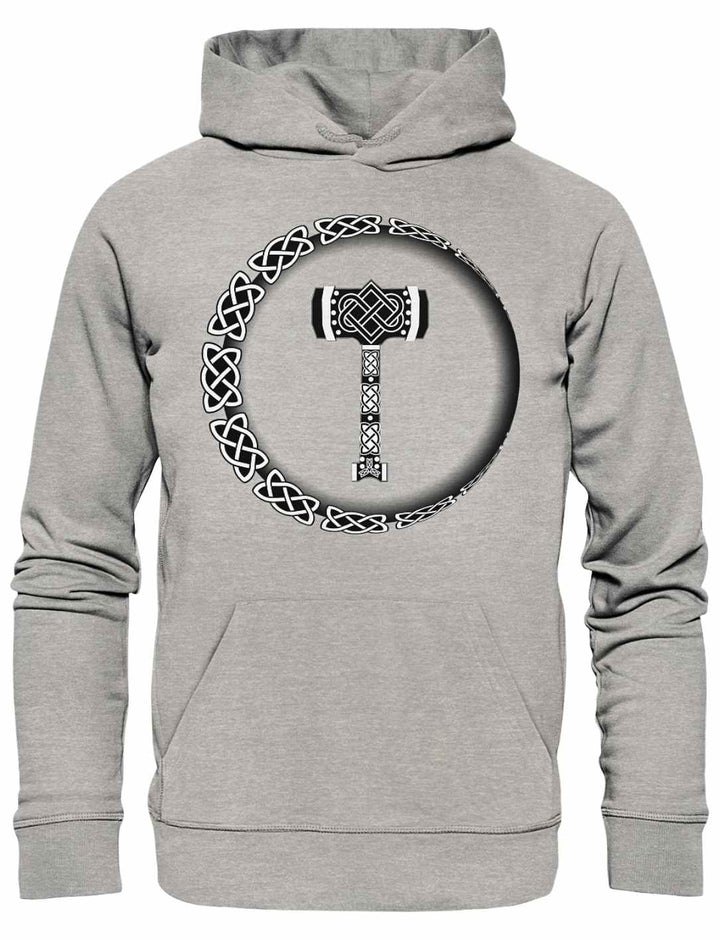 Der „Thors Legacy“ Unisex Organic Hoodie in meliertem Grau, dezent präsentiert vor einem weißen Hintergrund.