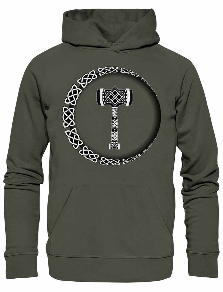 Der „Thors Legacy“ Unisex Organic Hoodie in natürlichem Khaki, stilvoll vor einem weißen Hintergrund präsentiert.