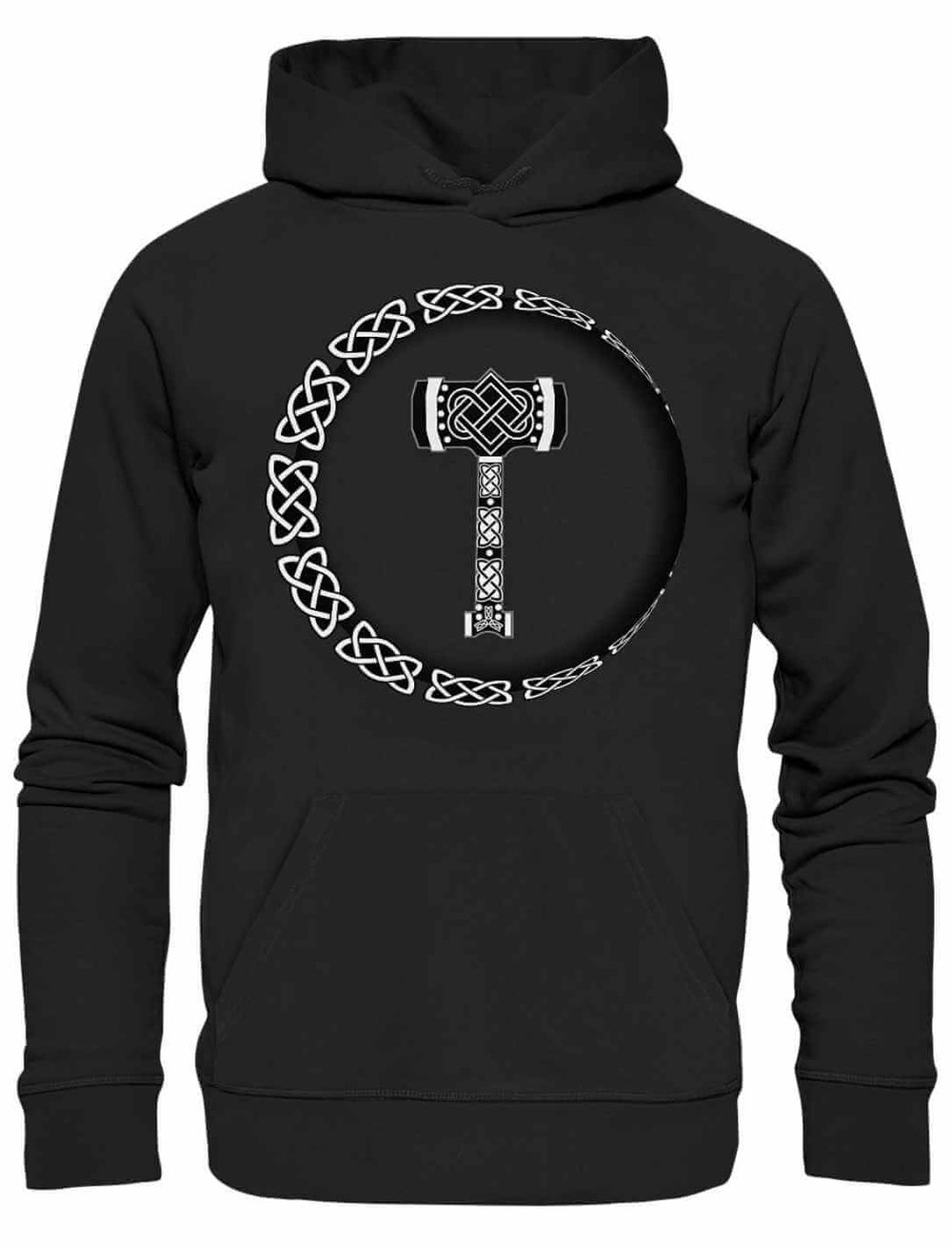 Der „Thors Legacy“ Unisex Organic Hoodie in klassischem Schwarz, präsentiert auf einem minimalistischen weißen Hintergrund.