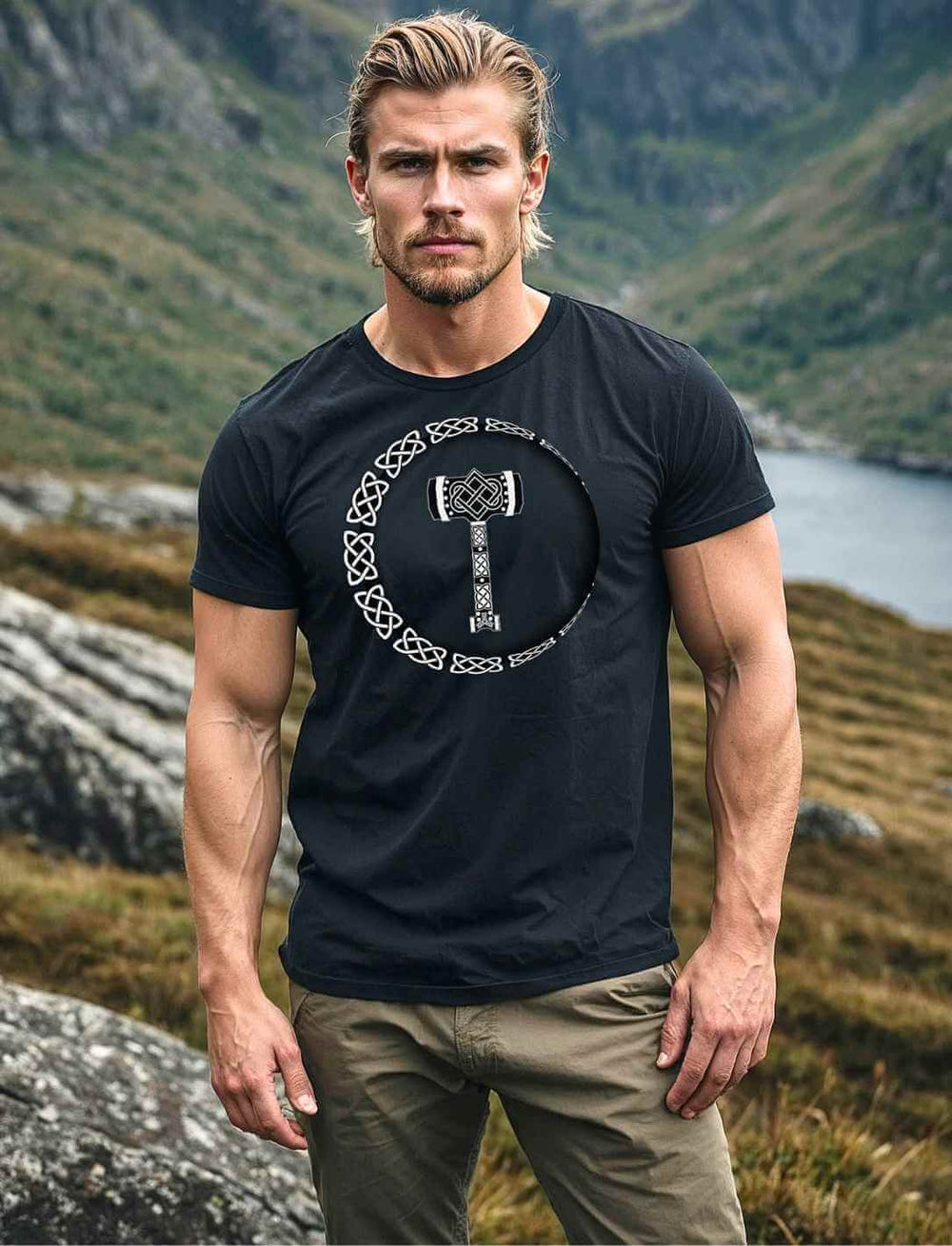 Blonder Mann trägt das Thor's Legacy T-Shirt in schwarz vor einem mystischen Hintergrund in Norwegen.