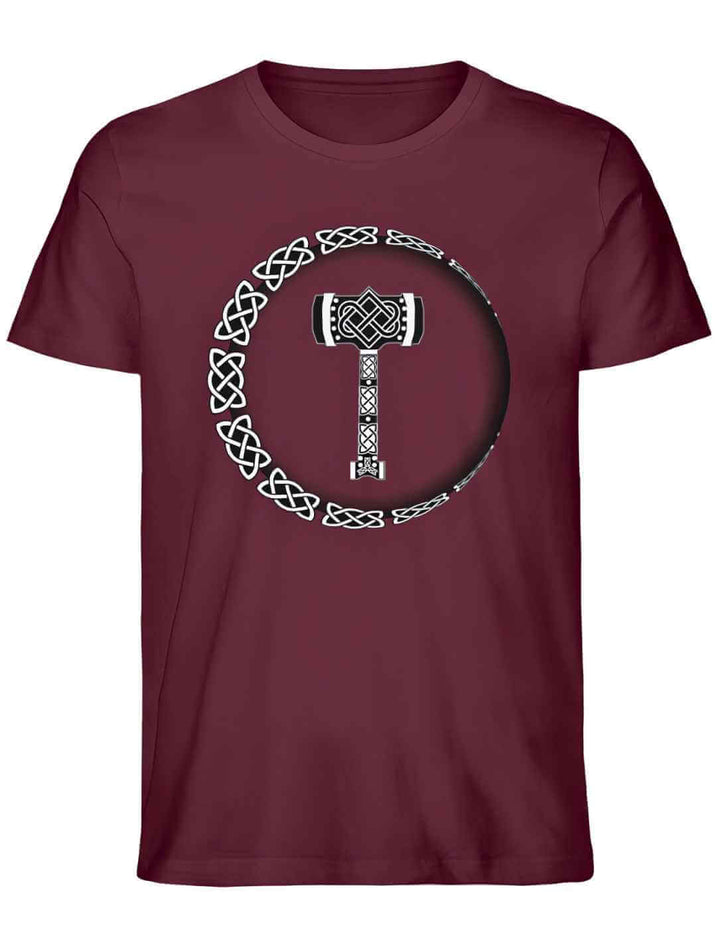 Unisex Organic Shirt in Burgund mit dem Design ‘Thor’s Legacy’ – kraftvolles Mjölnir-Motiv in tiefem Rot, für eine mythische Ausstrahlung.