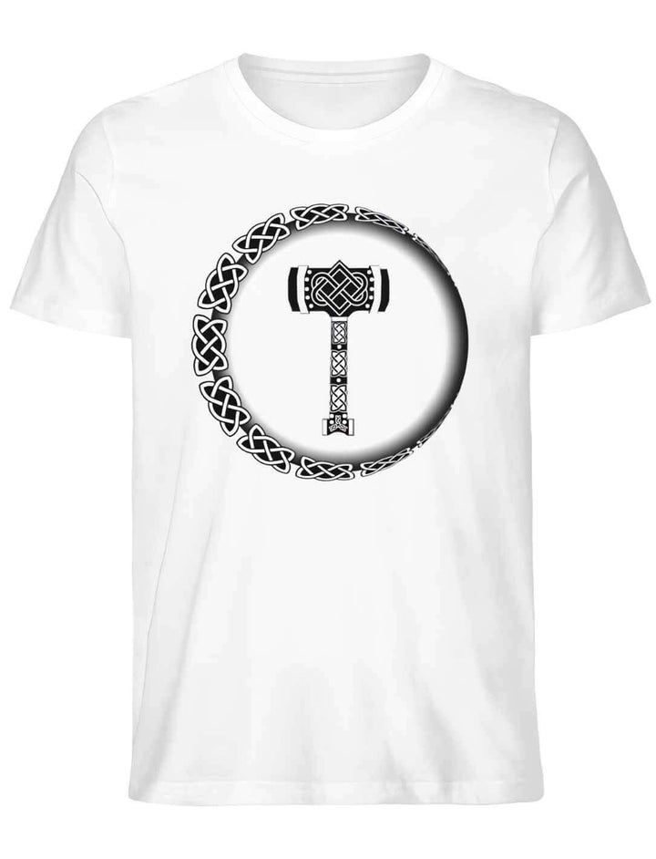 Unisex Organic Shirt in Weiß mit dem Design ‘Thor’s Legacy’ – ein elegantes Motiv von Mjölnir, dem Hammer des Donnergottes, strahlt auf hellem Hintergrund.