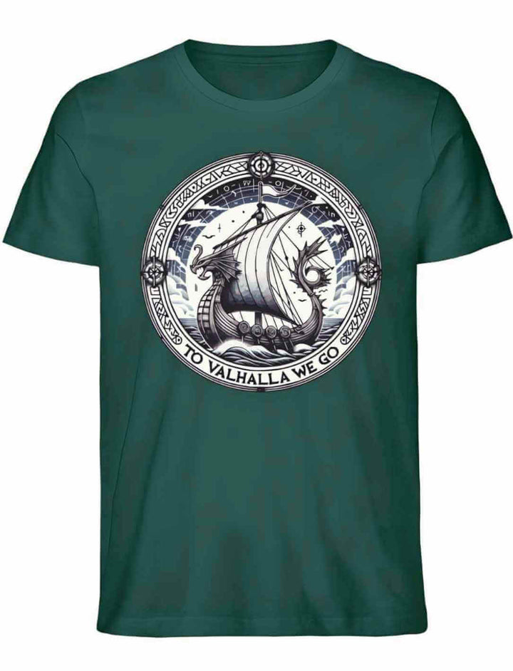 Unisex Organic Shirt in Glazed Green mit dem Design ‘To Valhalla We Go’ – legendäres Drachenboot mit Runen, das die Verbindung zur nordischen Mythologie widerspiegelt.