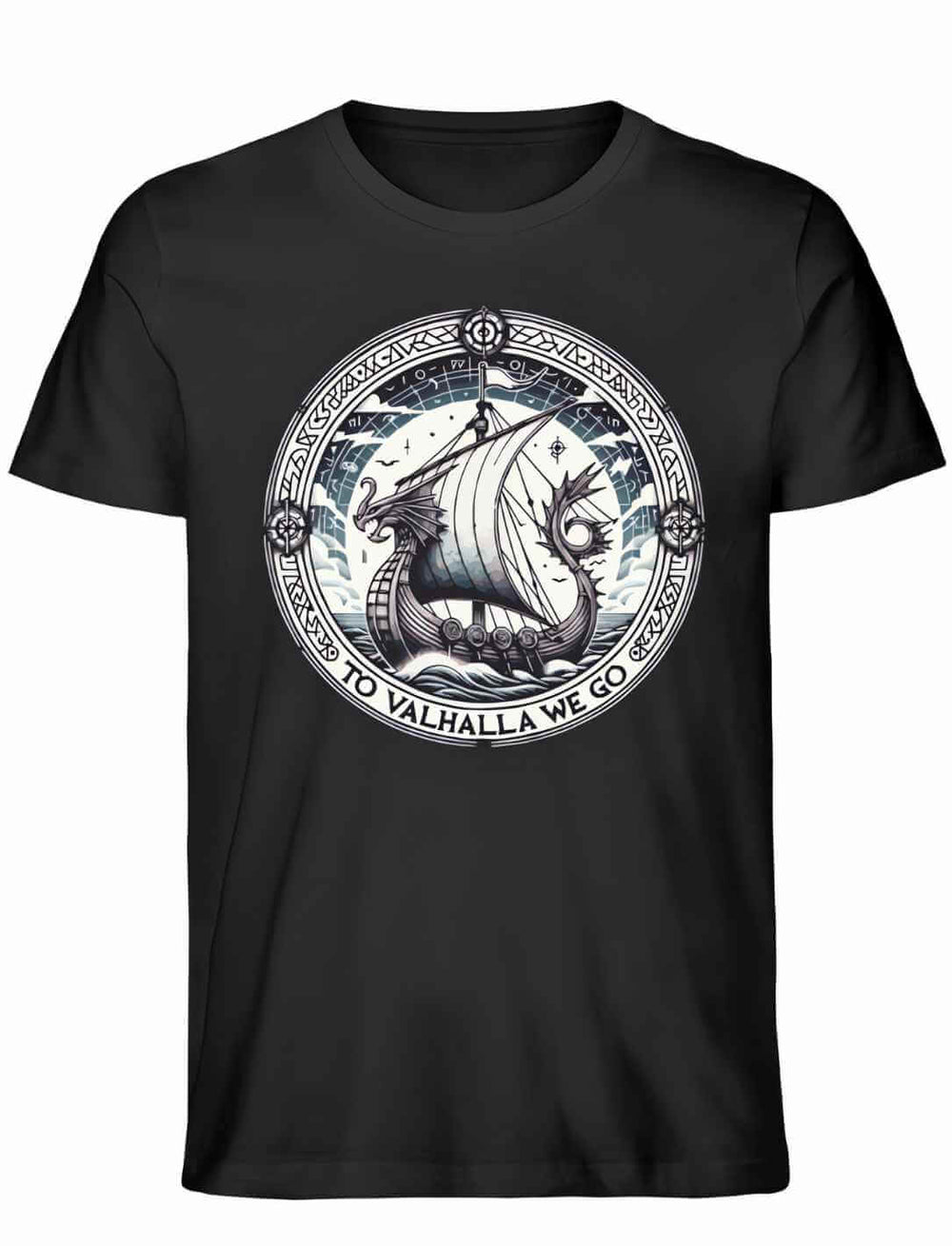 Unisex Organic Shirt in Schwarz mit dem Design ‘To Valhalla We Go’ – Wikinger-Drachenboot, umgeben von Runen, inspiriert von der nordischen Mythologie und der Reise nach Walhalla.