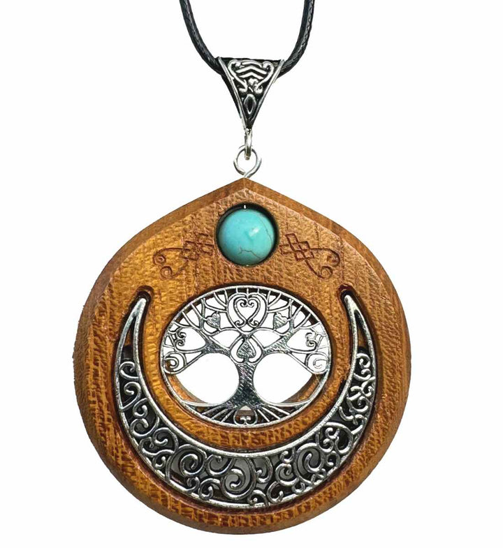 Lebensbaum Halskette aus Iroko Holz mit Perle in Türkis von runental.de