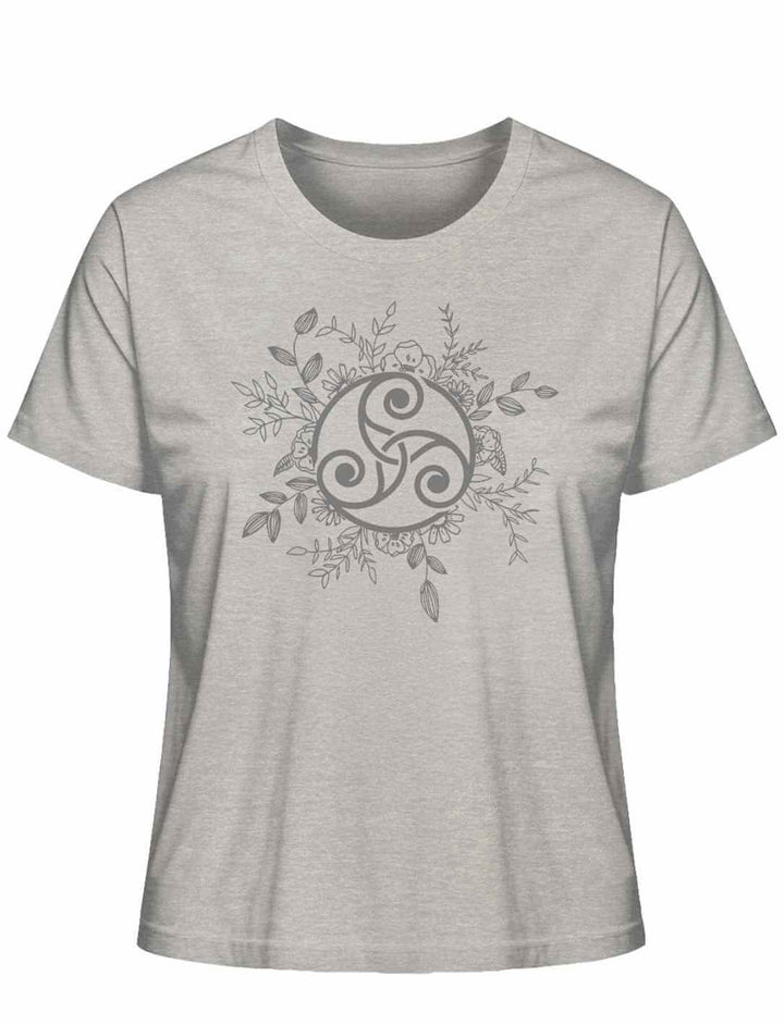 Triskele der ewigen Wandlung Damen Organic Shirt in Heather Grey – sanftes Grau meliert mit Symbol der ewigen Wandlung