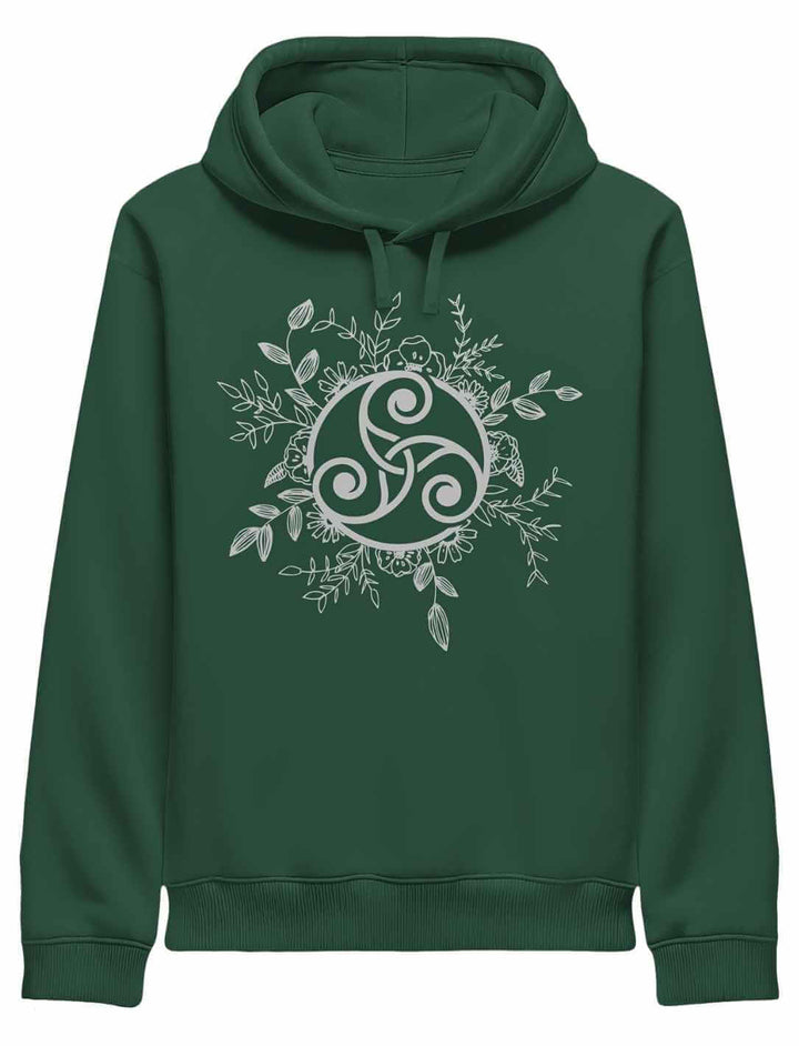 Triskele der ewigen Wandlung – Damen Organic Hoodie in Bottle Green, inspiriert von keltischer Natur, Wandel und Einkehr