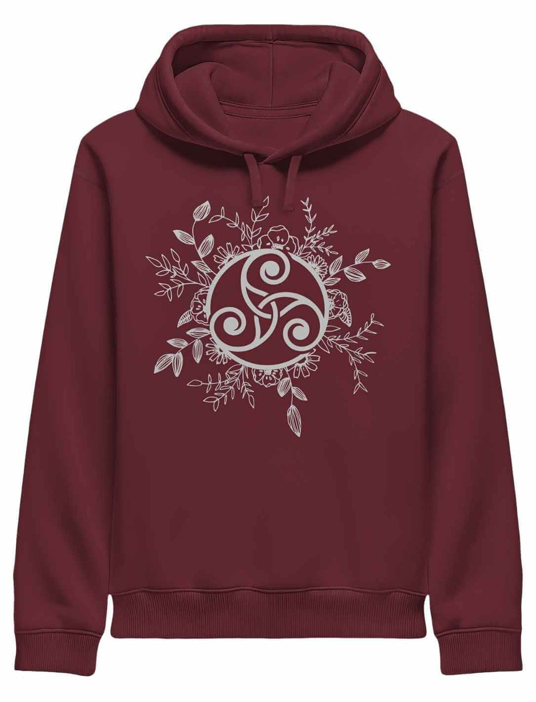 Triskele der ewigen Wandlung – Damen Organic Hoodie in Burgund, keltisches Spiralmotiv für Ruhe und sanfte Wandlung