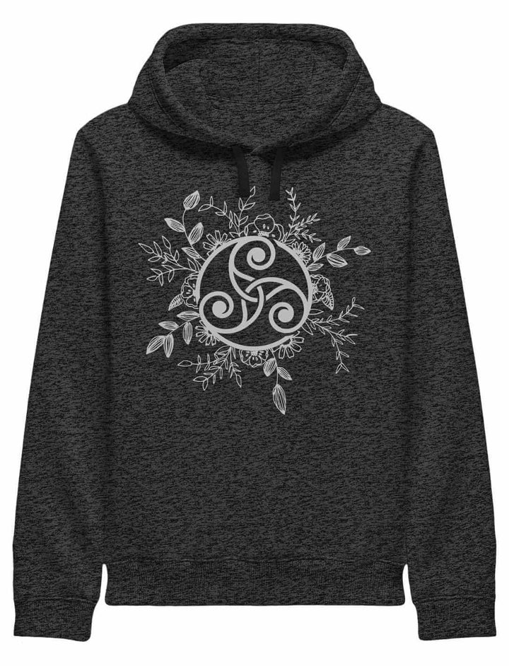 Damen Organic Hoodie in Dark Heather Grey, verziert mit Triskele der ewigen Wandlung – Symbol für Ruhe und innere Balance