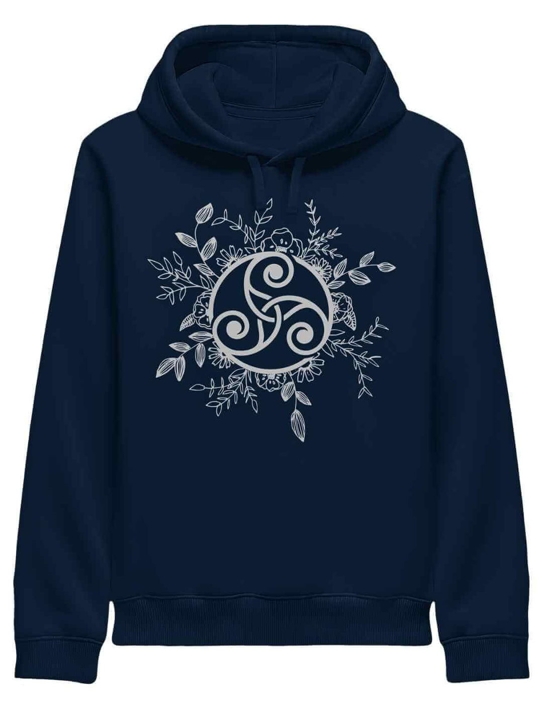 Damen Organic Hoodie in French Navy mit Triskele der ewigen Wandlung – keltisches Zeichen für Harmonie und Wegfindung