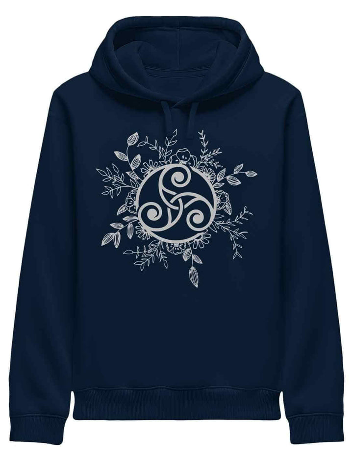 Damen Organic Hoodie in French Navy mit Triskele der ewigen Wandlung – keltisches Zeichen für Harmonie und Wegfindung