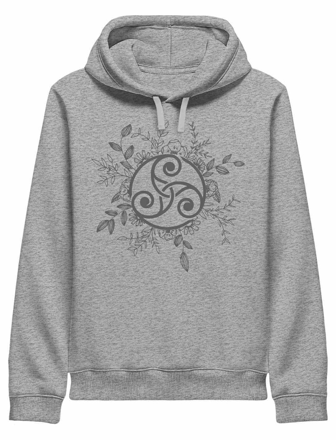 Triskele der ewigen Wandlung – Damen Organic Hoodie in Heather Grey, keltisches Motiv der drei Wege und stillen Harmonie