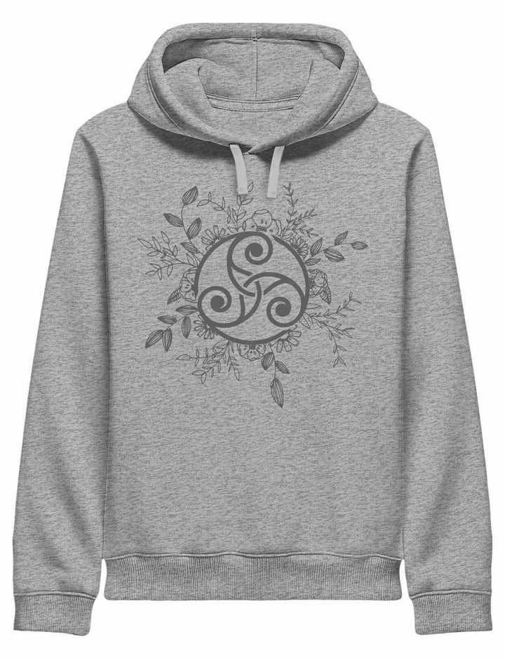 Triskele der ewigen Wandlung – Damen Organic Hoodie in Heather Grey, keltisches Motiv der drei Wege und stillen Harmonie