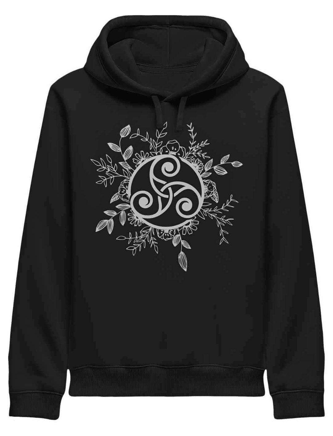 Triskele der ewigen Wandlung – Damen Organic Hoodie in Schwarz mit keltischem Motiv der drei Wege und Harmoniekraft