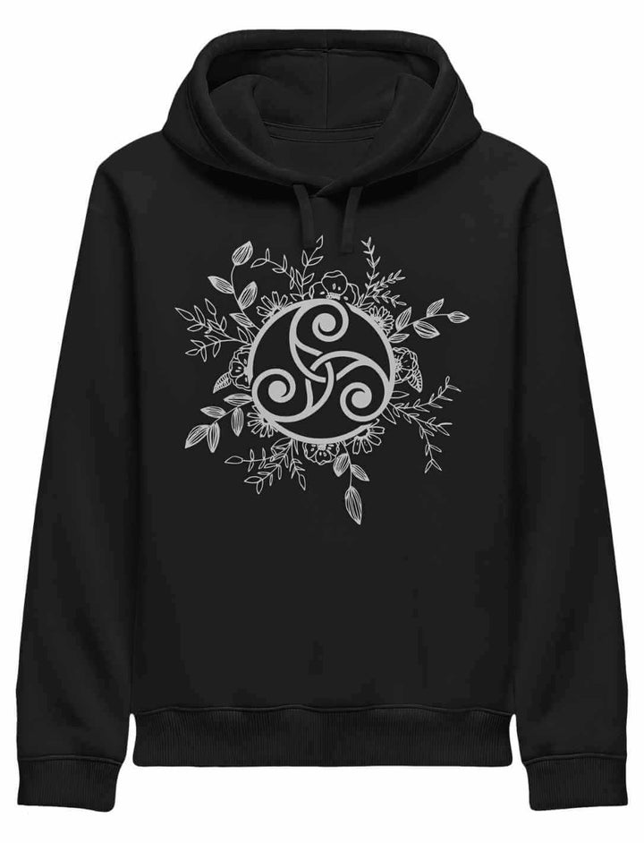 Triskele der ewigen Wandlung – Damen Organic Hoodie in Schwarz mit keltischem Motiv der drei Wege und Harmoniekraft