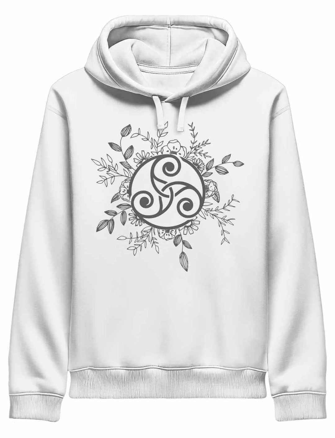 Damen Organic Hoodie in Weiß mit Triskele der ewigen Wandlung – keltisches Symbol für Balance, Wandel und innere Stärke